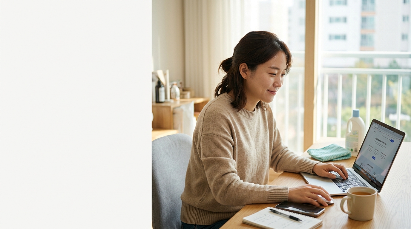 입주청소 업체 비용, 똑똑하게 비교하고 선정하는 법 - 새 아파트로 이사 온 젊은 한국 여성이 밝은 거실에서 청소 도구를 들고 만족스럽게 웃는 모습, 따뜻한 햇살, 실사 사진 스타일